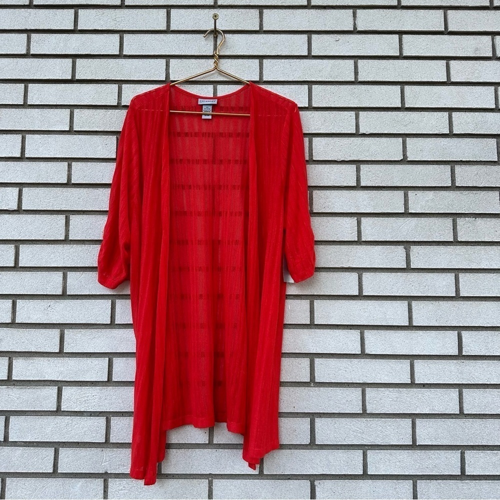 NWT Catherines Tomato Red Sheer Stripe Knit Long Open Cardigan Ruched Sleeve 2X - Picture 2 of 10
